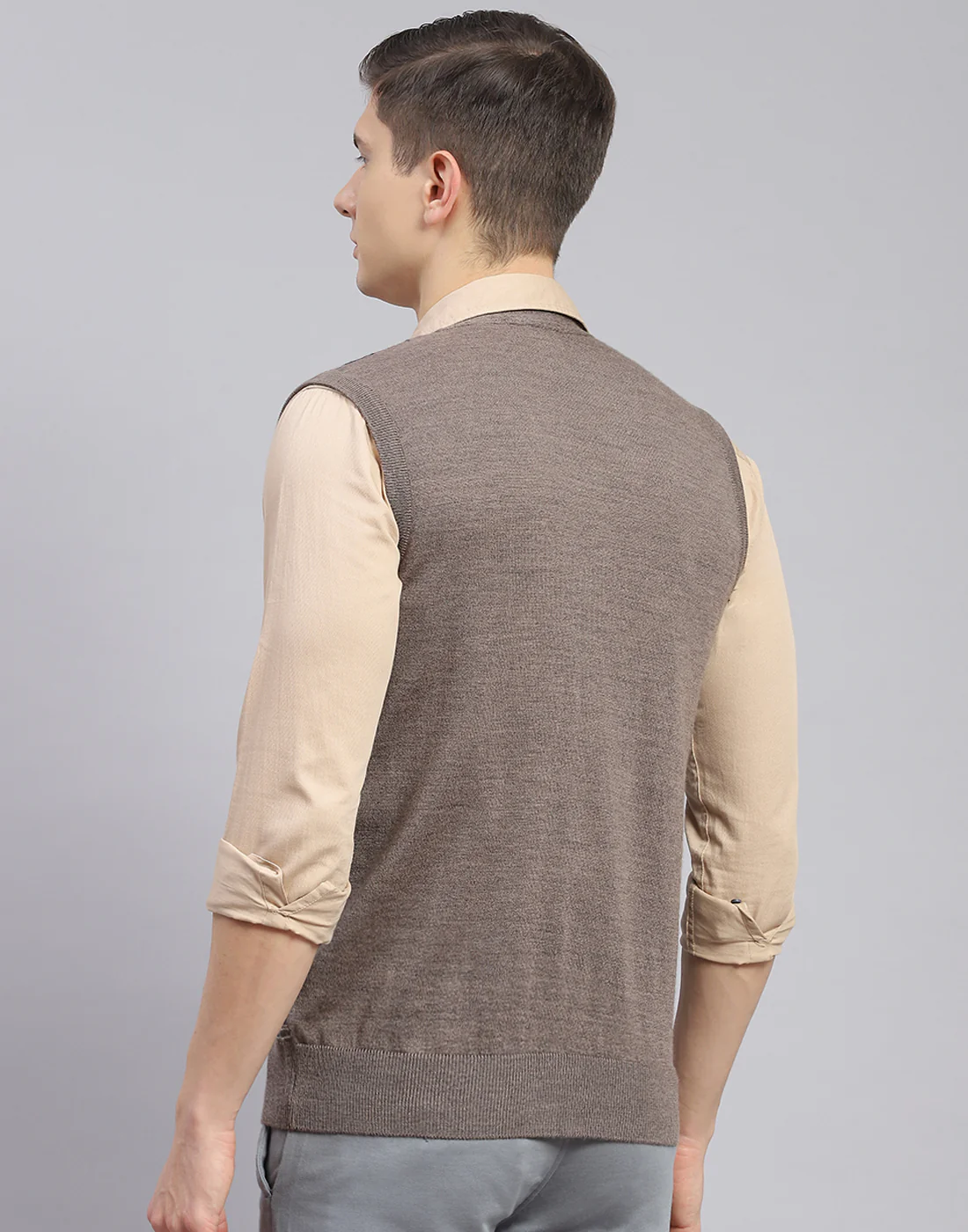 Men Brown Check V Neck Sleeveless Sweater - Image 6