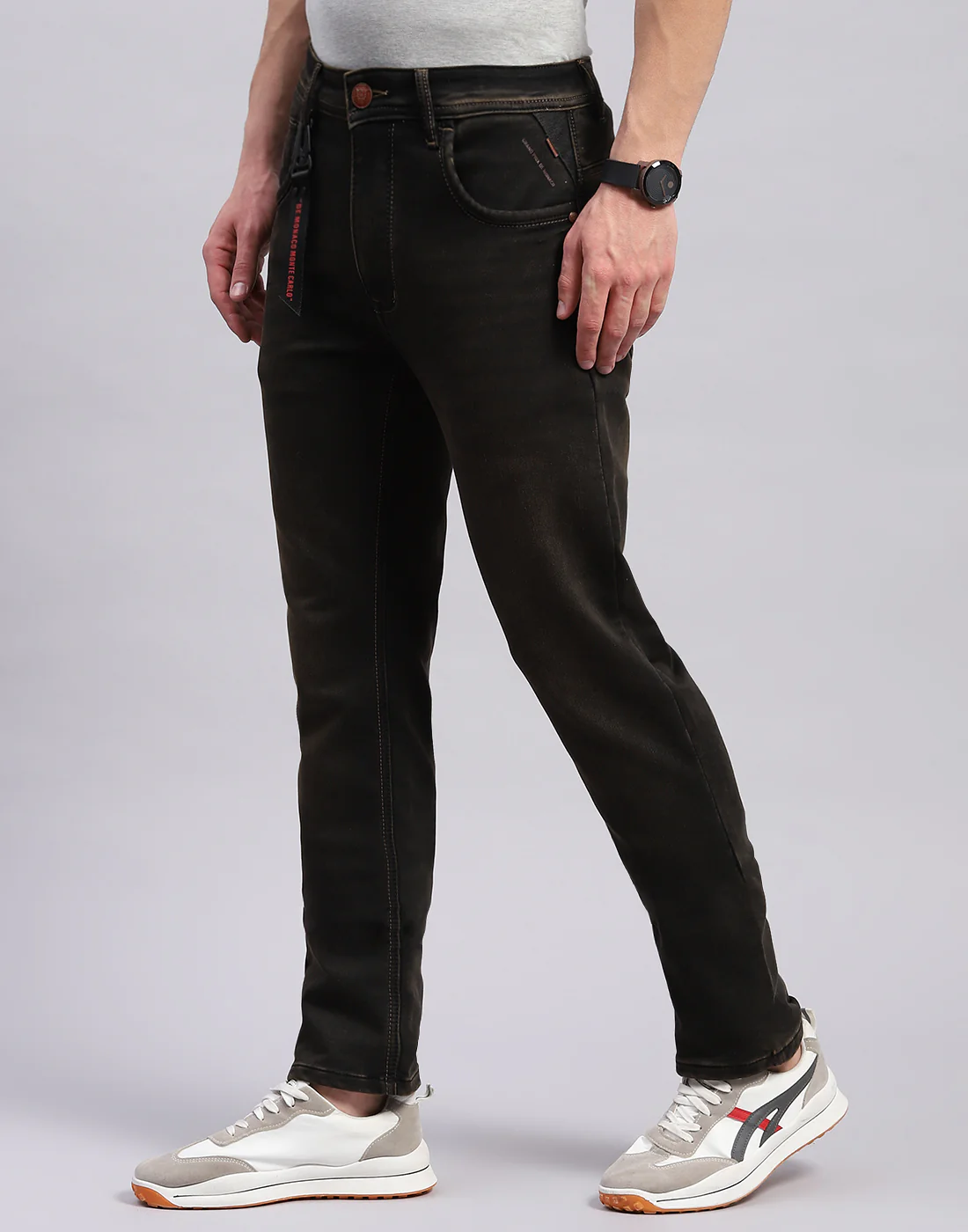 Men Brown Light Wash Narrow Fit Denim - Image 3