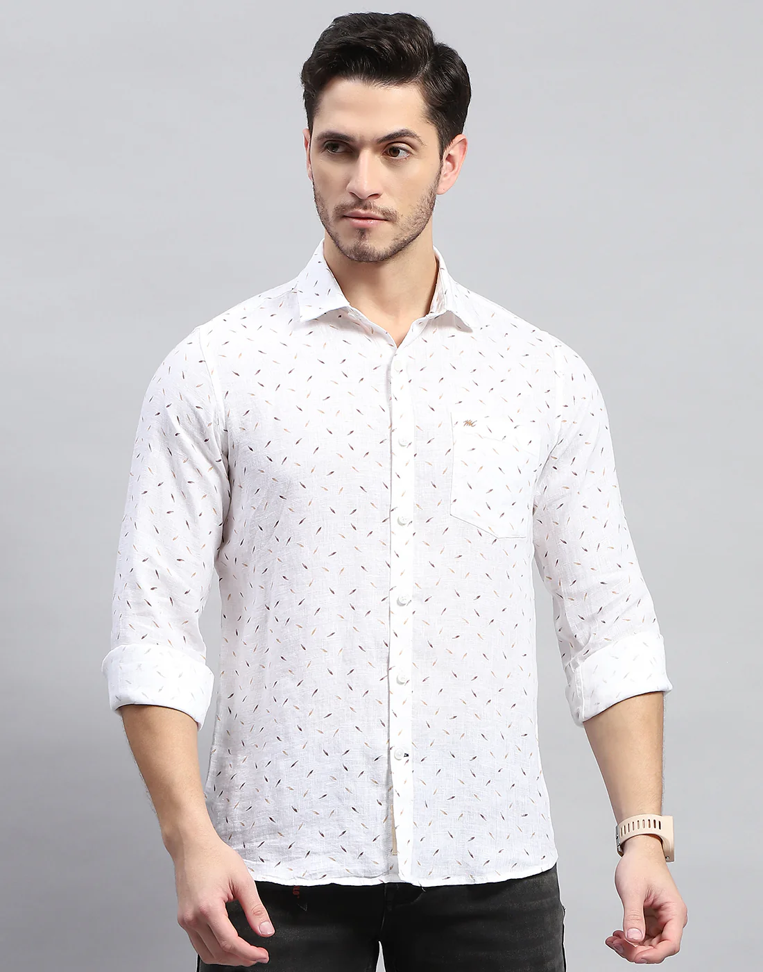 Men Brown Printed Collar Full Sleeve Linen Shirt - Image 3