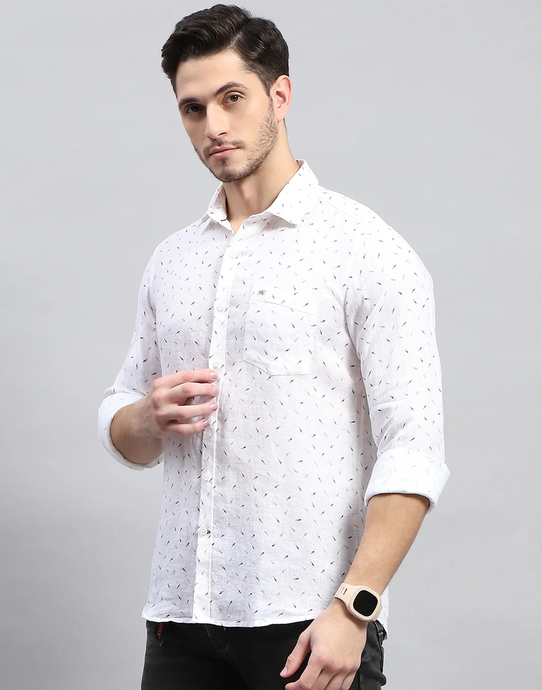 Men Brown Printed Collar Full Sleeve Linen Shirt - Image 4