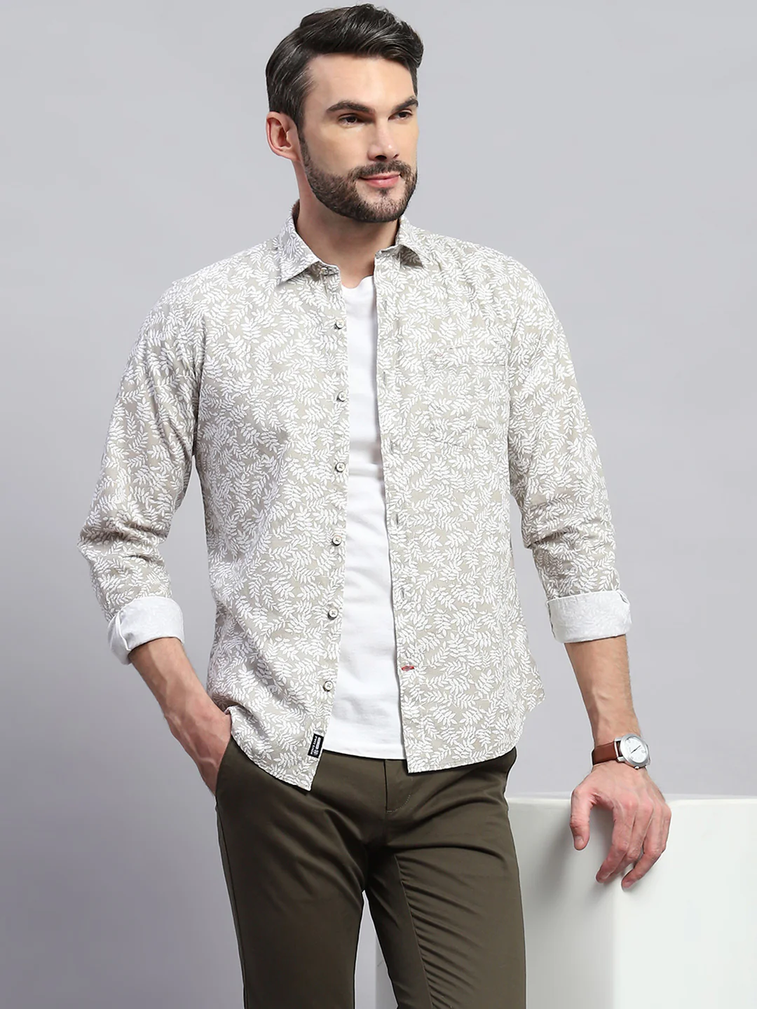 Men Brown Printed Collar Full Sleeve Shirt - Image 6