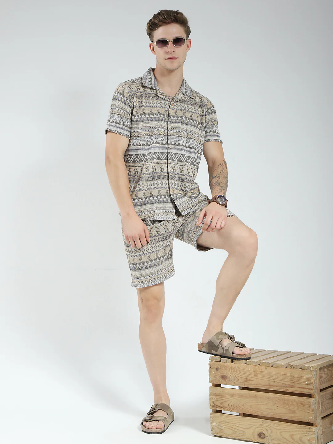 Men Brown Printed Collar Half Sleeve Bermuda Set - Image 2