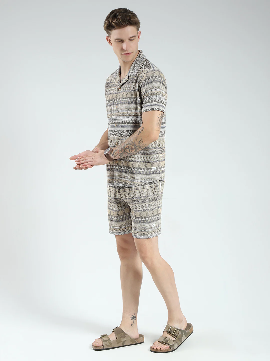 Men Brown Printed Collar Half Sleeve Bermuda Set - Image 3