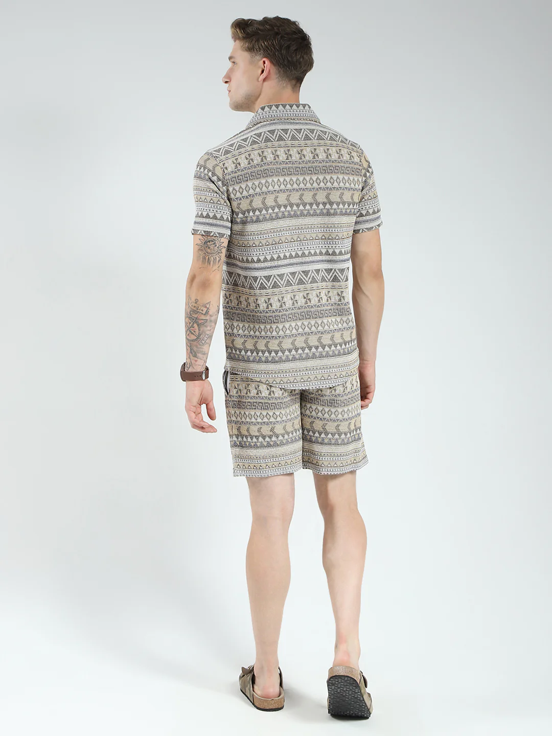 Men Brown Printed Collar Half Sleeve Bermuda Set - Image 5