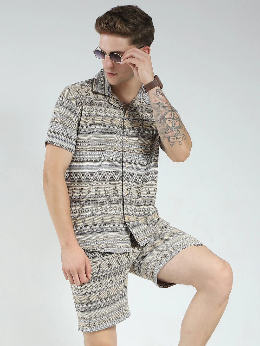 Men Brown Printed Collar Half Sleeve Bermuda Set - Image 6