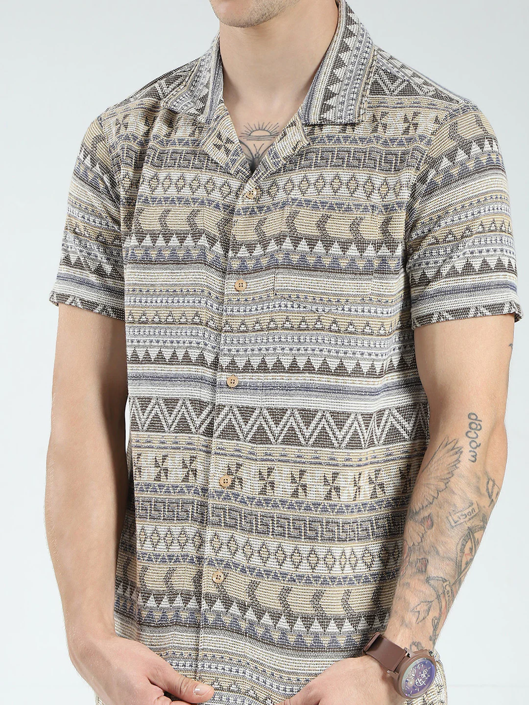 Men Brown Printed Collar Half Sleeve Bermuda Set - Image 8