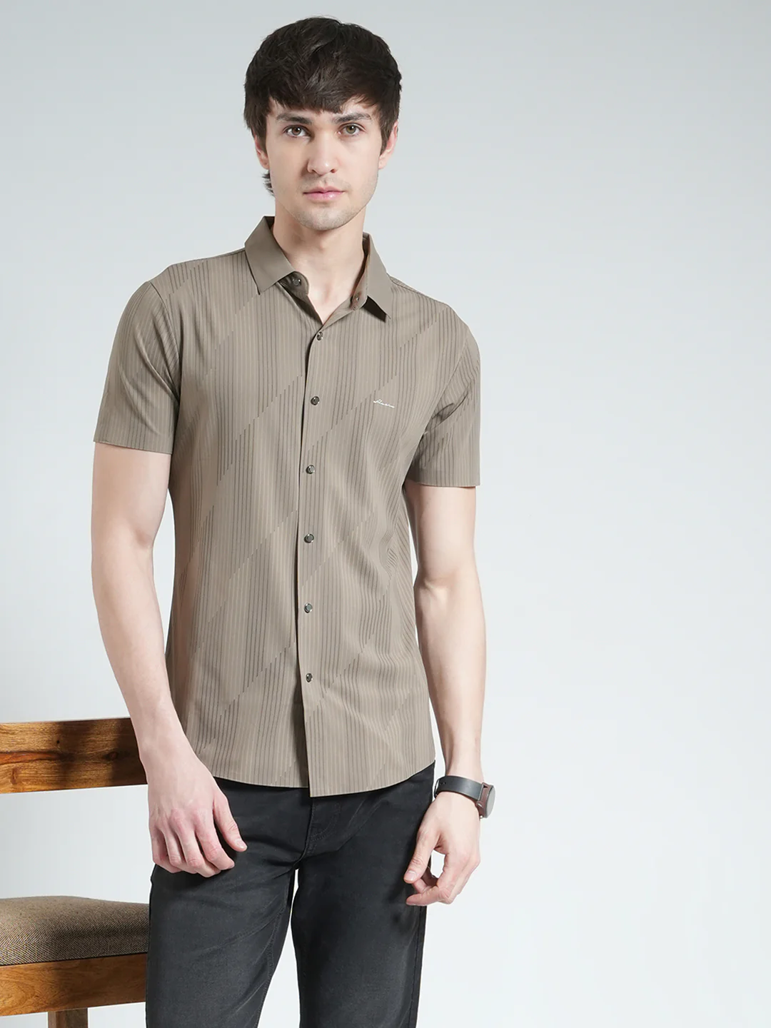 Men Brown Printed Collar Half Sleeve Shirt - Image 6