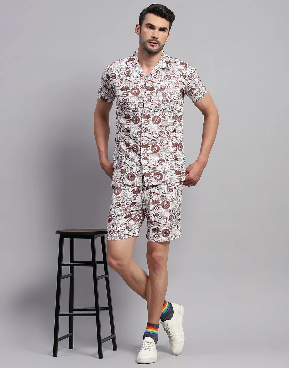 Men Brown Printed Collar Neck Half Sleeve Cords Set - Image 2