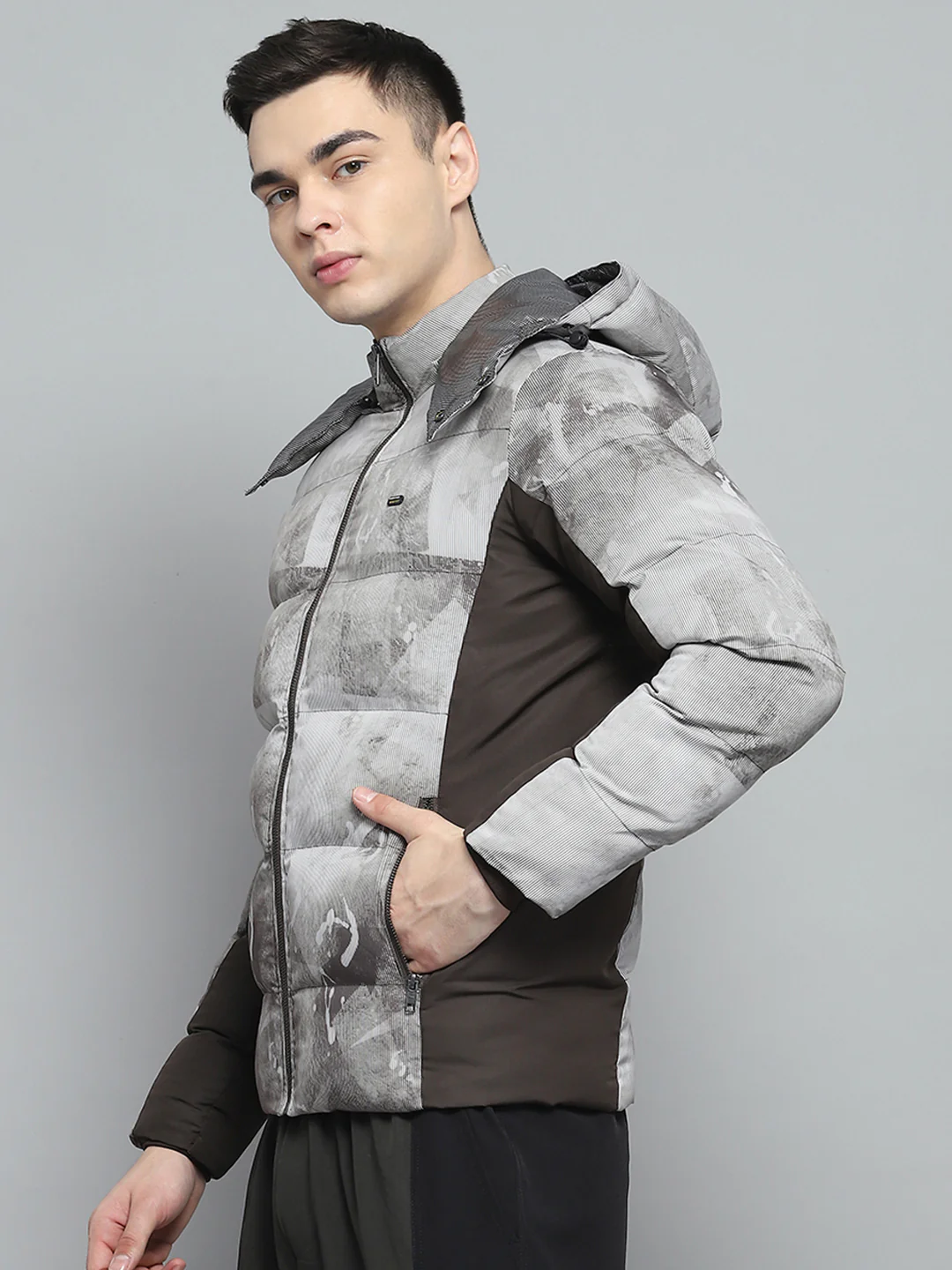 Men Brown Printed Detachable Hood Full Sleeve Jacket - Image 3