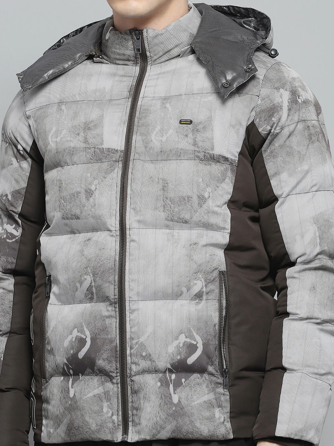 Men Brown Printed Detachable Hood Full Sleeve Jacket - Image 6