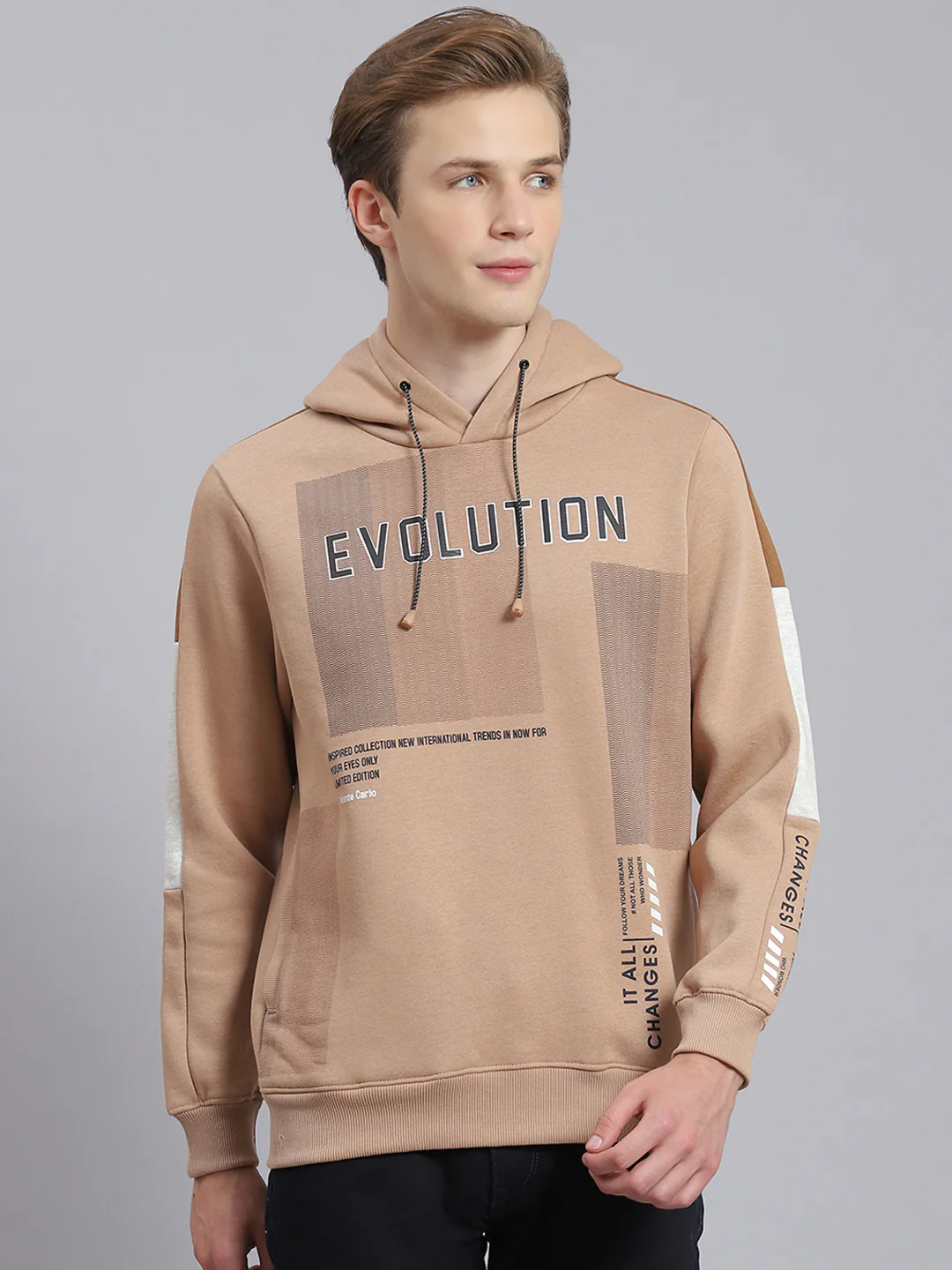 Men Brown Printed Hooded Full Sleeve Sweatshirt - Image 2