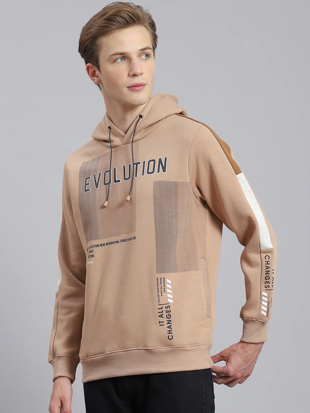 Men Brown Printed Hooded Full Sleeve Sweatshirt - Image 3