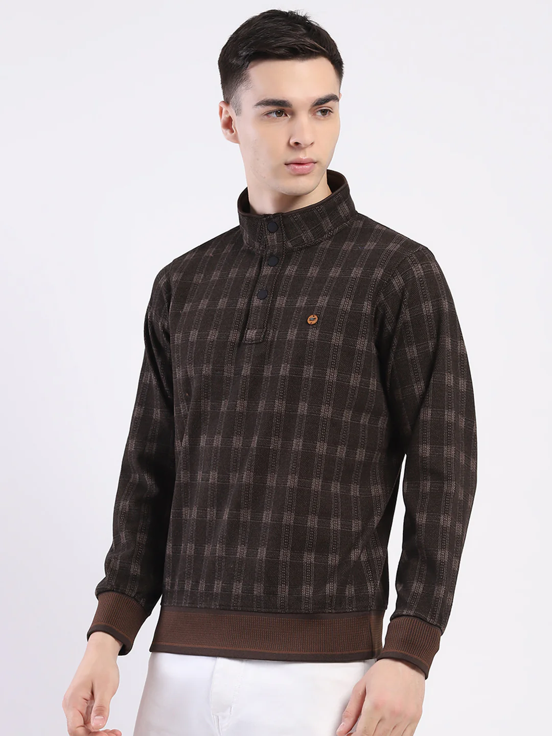 Men Brown Printed Mock Neck Full Sleeve Sweatshirt - Image 3
