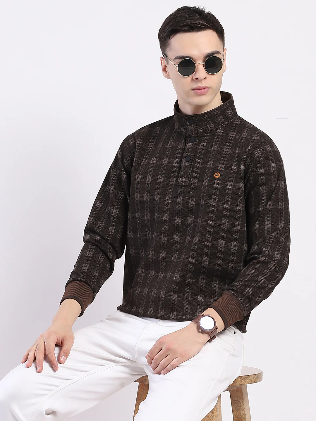 Men Brown Printed Mock Neck Full Sleeve Sweatshirt - Image 6