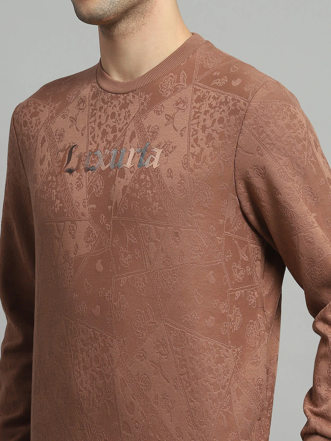 Men Brown Printed Round Neck Full Sleeve Sweatshirt - Image 7
