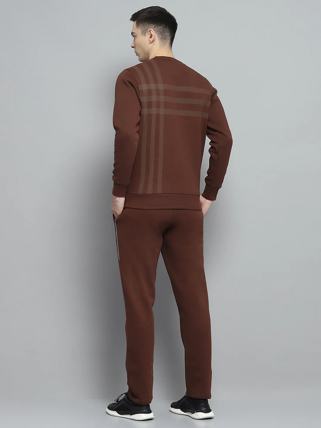 Men Brown Printed Round Neck Full Sleeve Winter Tracksuit - Image 5