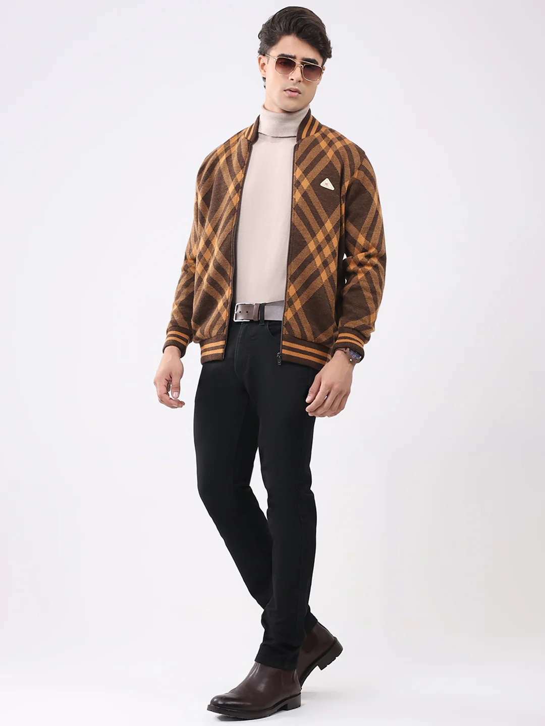 Men Brown Printed T Neck Full Sleeve Jacket - Image 2