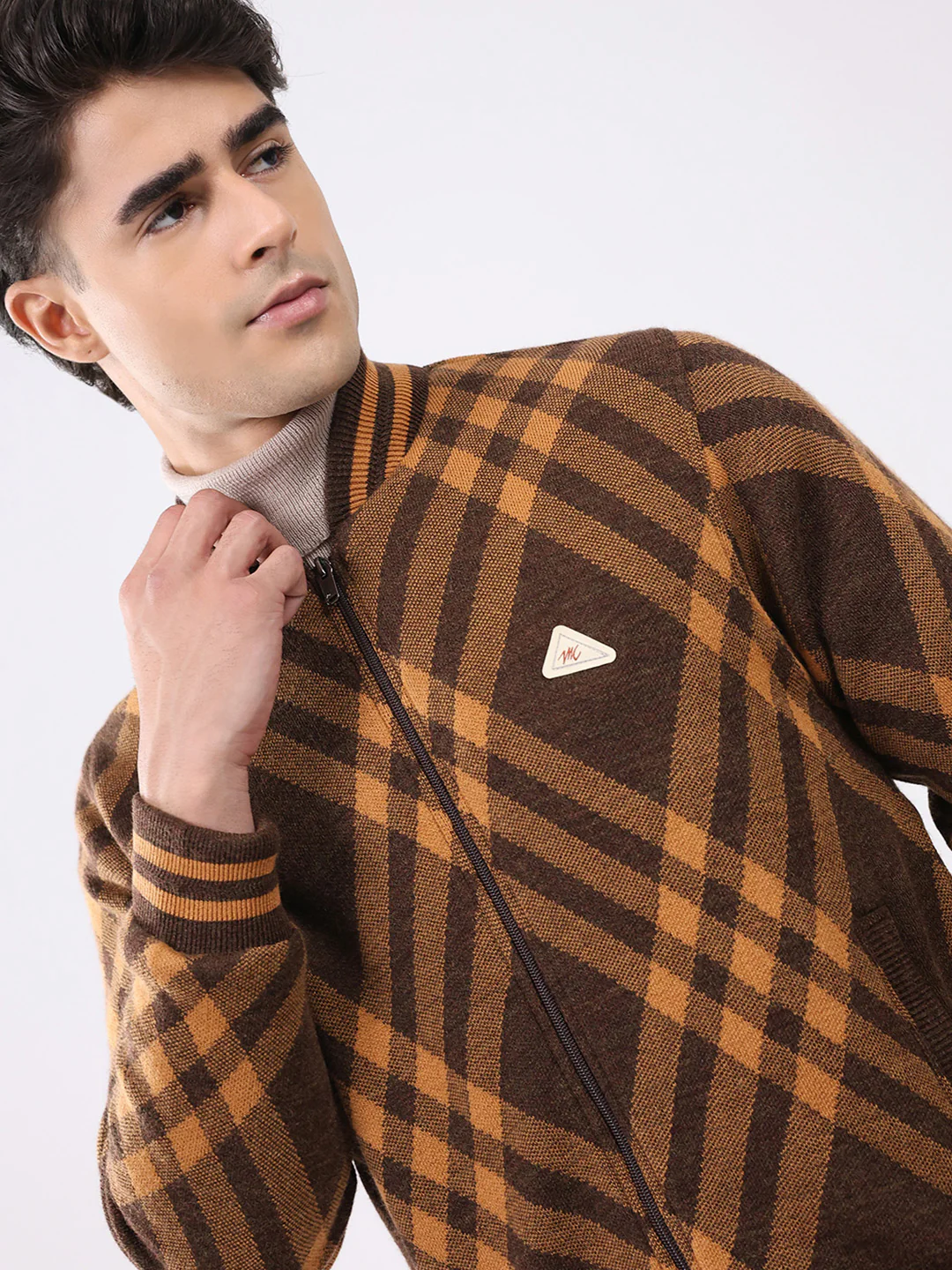 Men Brown Printed T Neck Full Sleeve Jacket - Image 6