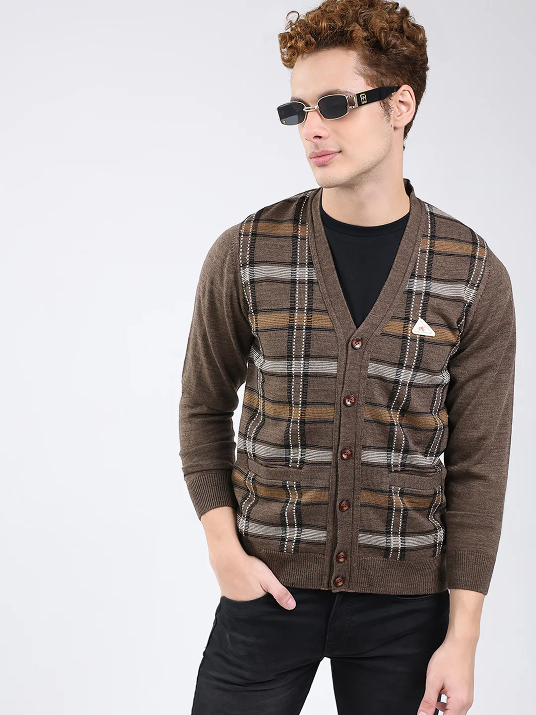 Men Brown Printed V Neck Full Sleeve Cardigan - Image 6
