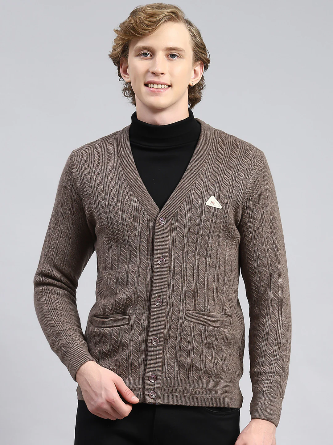 Men Brown Self Cardigan - Image 2