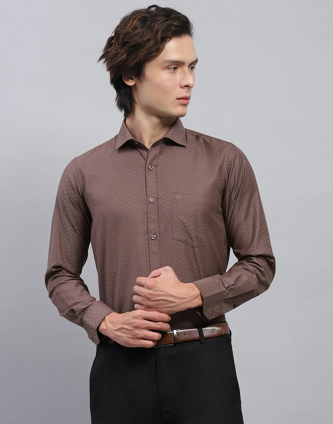 Men Brown Self Design Collar Full Sleeve Shirt - Image 2