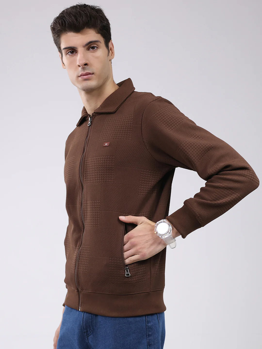 Men Brown Ultra-Warm Self-Design Sweatshirt (Anti-Pilling Fabric) - Image 3