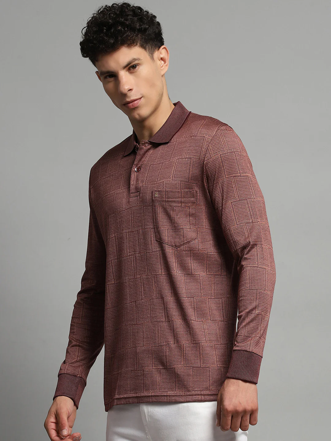 Luxuria Men Brown Self Design Collar Full Sleeve Winter T-Shirt - Image 3