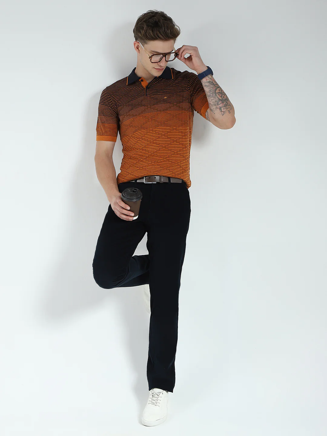 Men Brown Self Design Collar Half Sleeve T-Shirt - Image 2