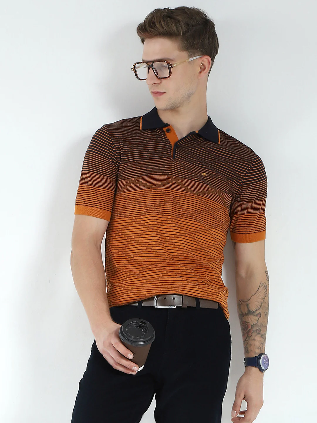 Men Brown Self Design Collar Half Sleeve T-Shirt - Image 6