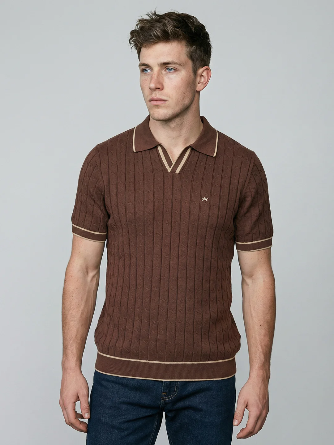 Men Brown Self Design Collar Half Sleeve T-Shirt - Image 2