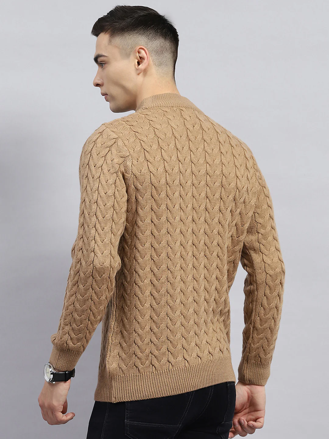 Men Brown Self Design High Neck Full Sleeve Pullover - Image 5
