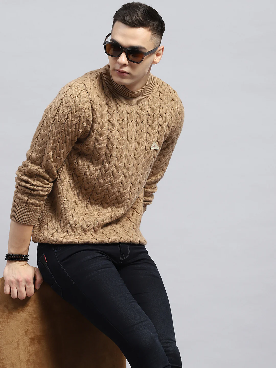 Men Brown Self Design High Neck Full Sleeve Pullover - Image 6