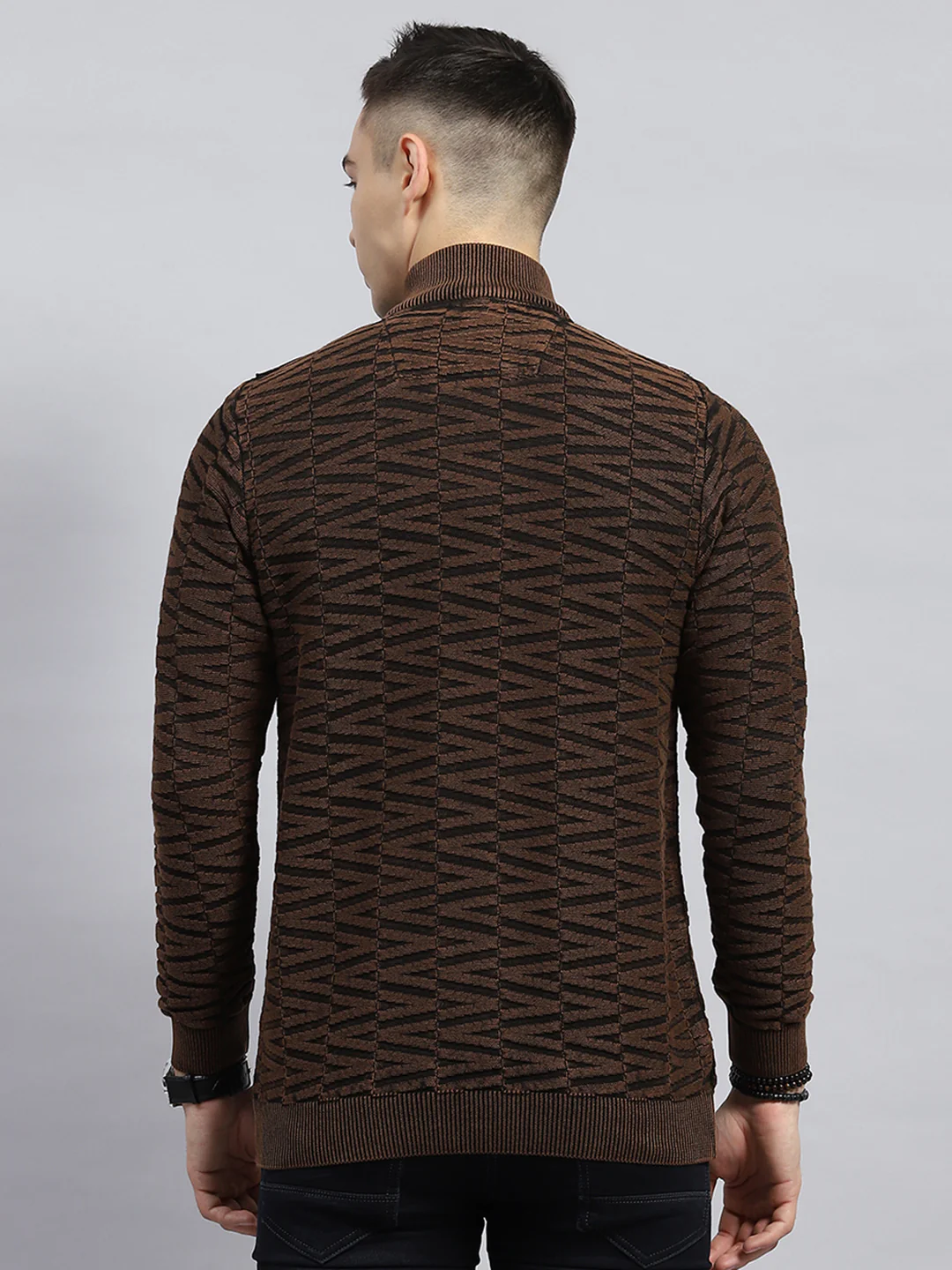 Men Brown Self Design High Neck Full Sleeve Pullover - Image 5
