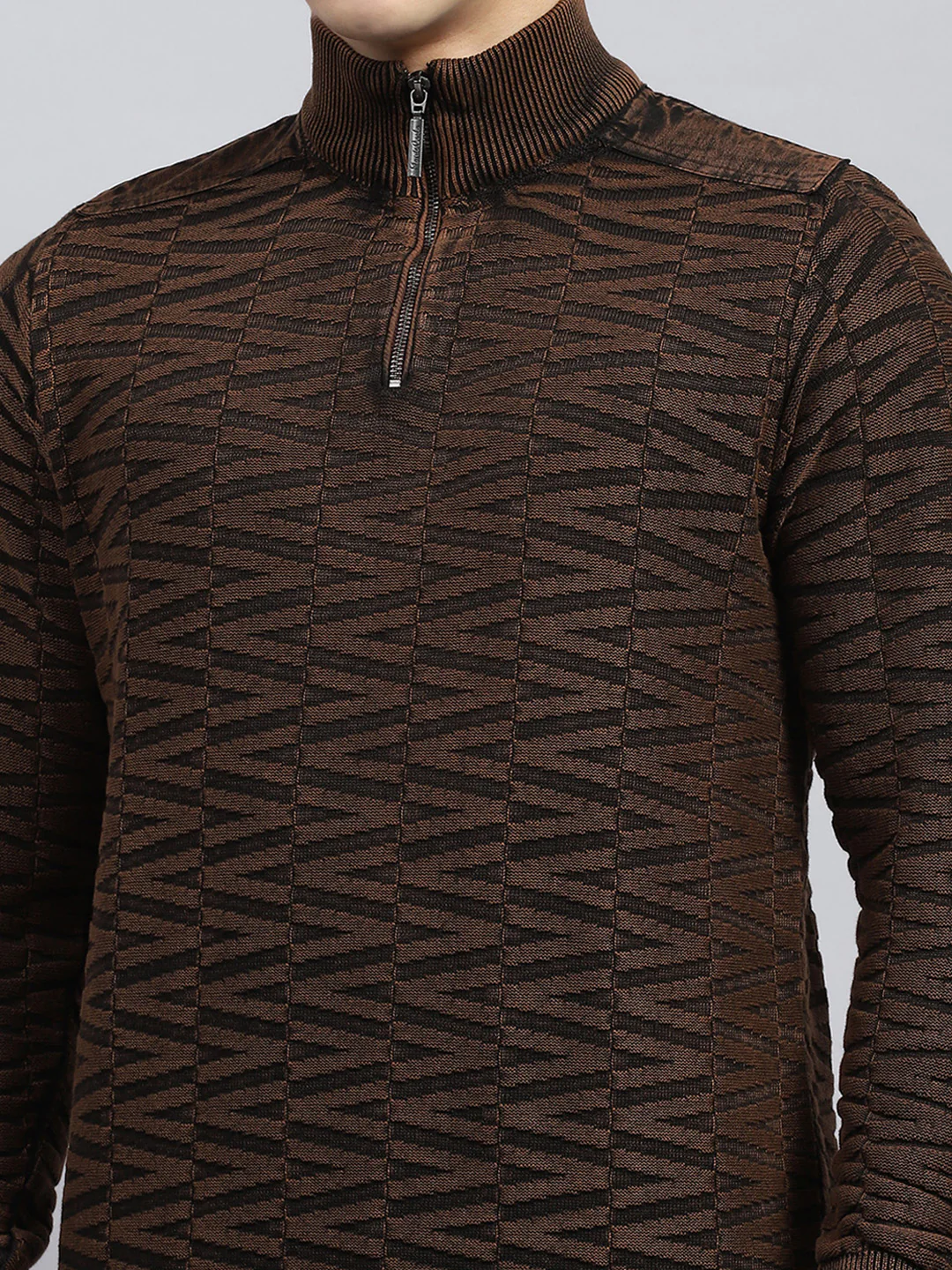 Men Brown Self Design High Neck Full Sleeve Pullover - Image 7