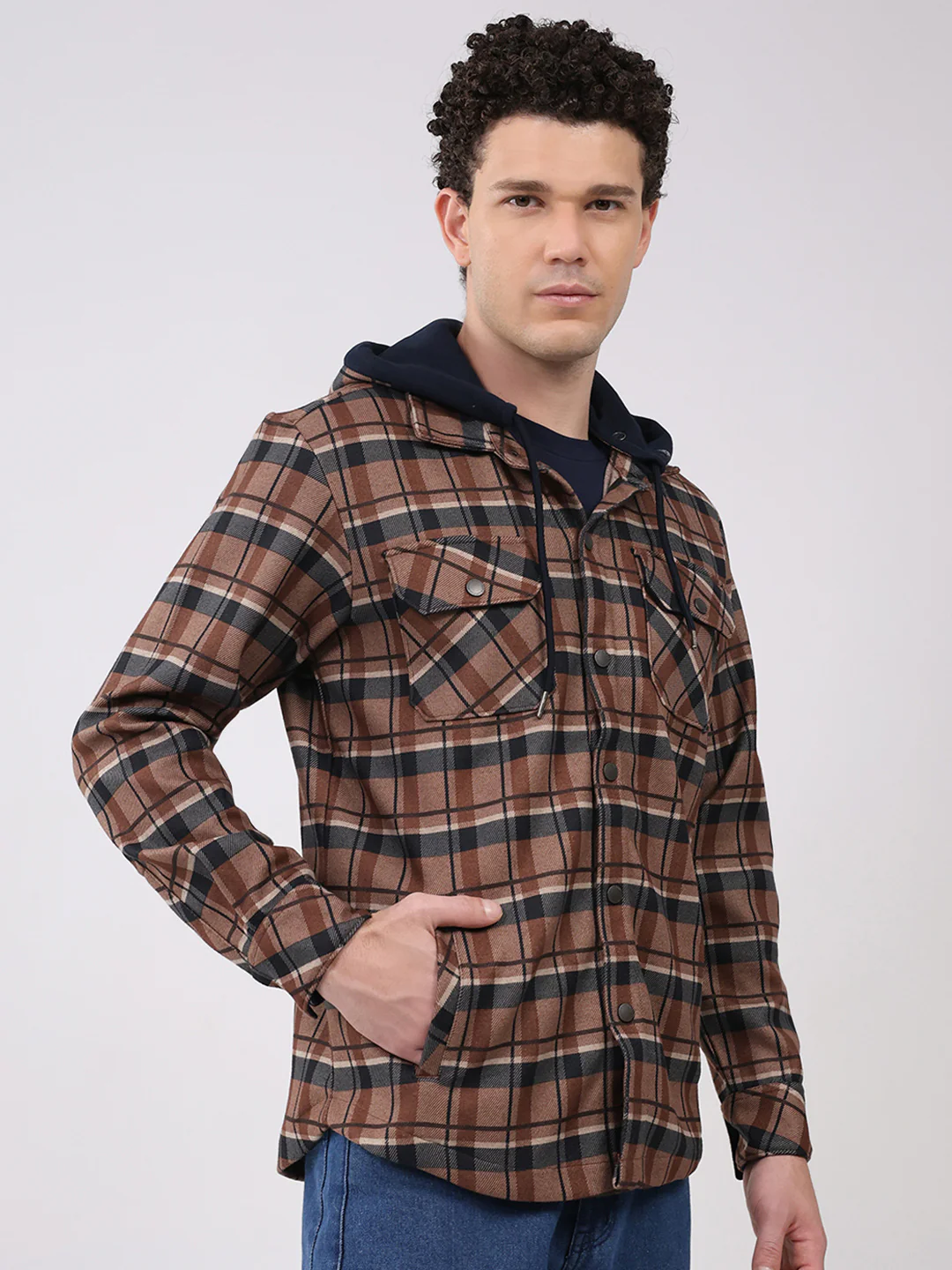 Men Brown Self Design Hooded Full Sleeve Sweatshirt - Image 4