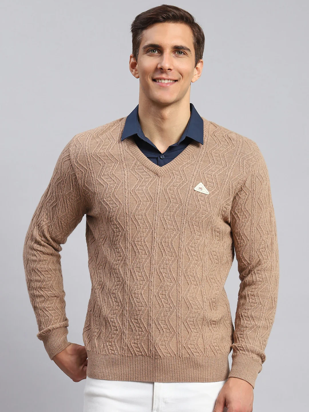 Men Brown Self Design Lamb wool Pullover - Image 2