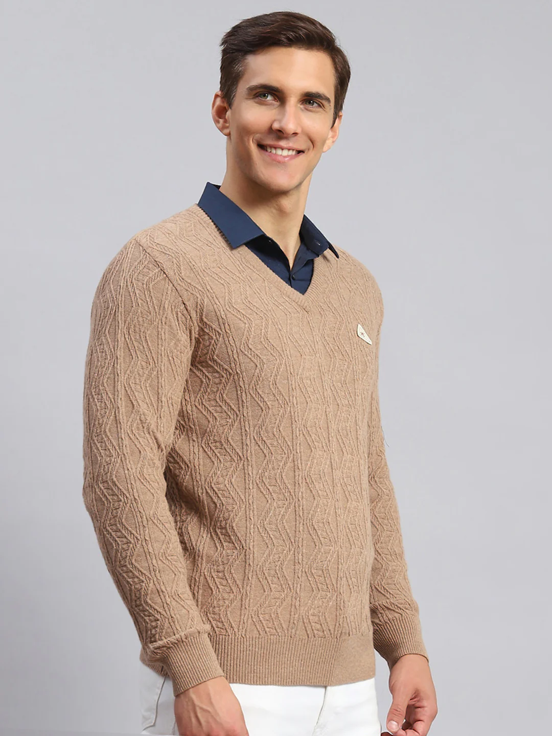 Men Brown Self Design Lamb wool Pullover - Image 3