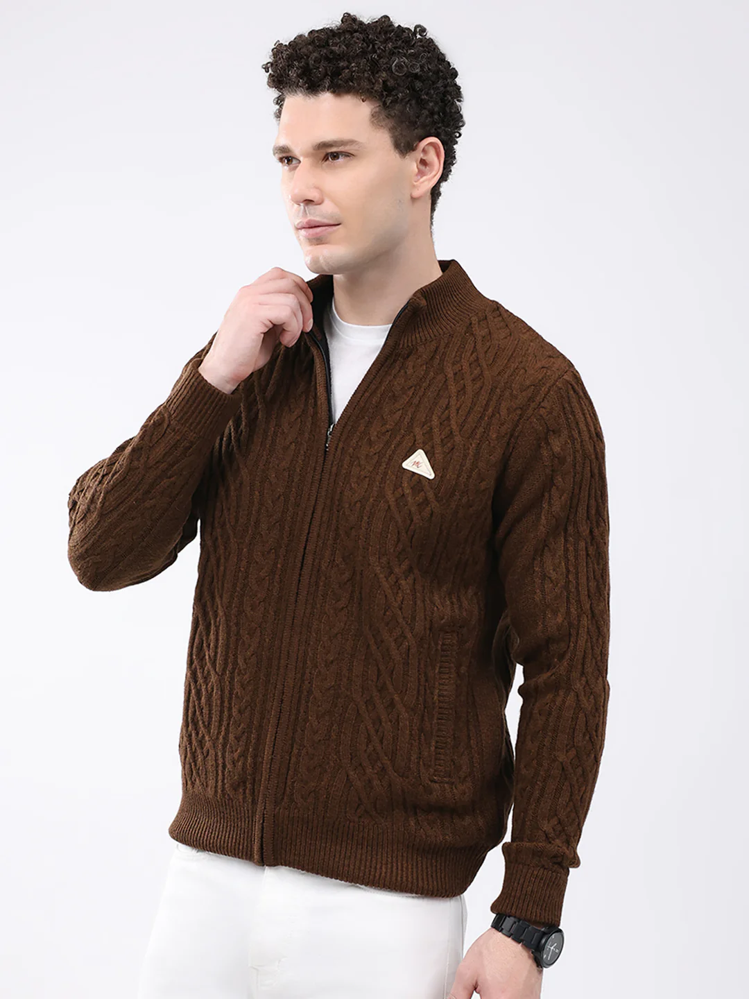 Men Brown Self Design Mock Neck Full Sleeve Jacket - Image 3