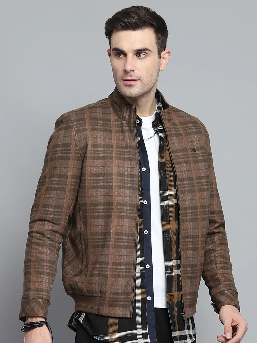 Men Brown Self Design Mock Neck Full Sleeve Jacket - Image 4