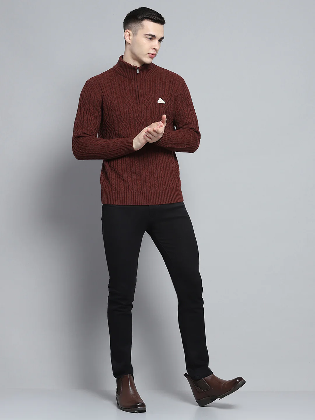 Men Brown Self Design Mock Neck Full Sleeve Pullover - Image 2