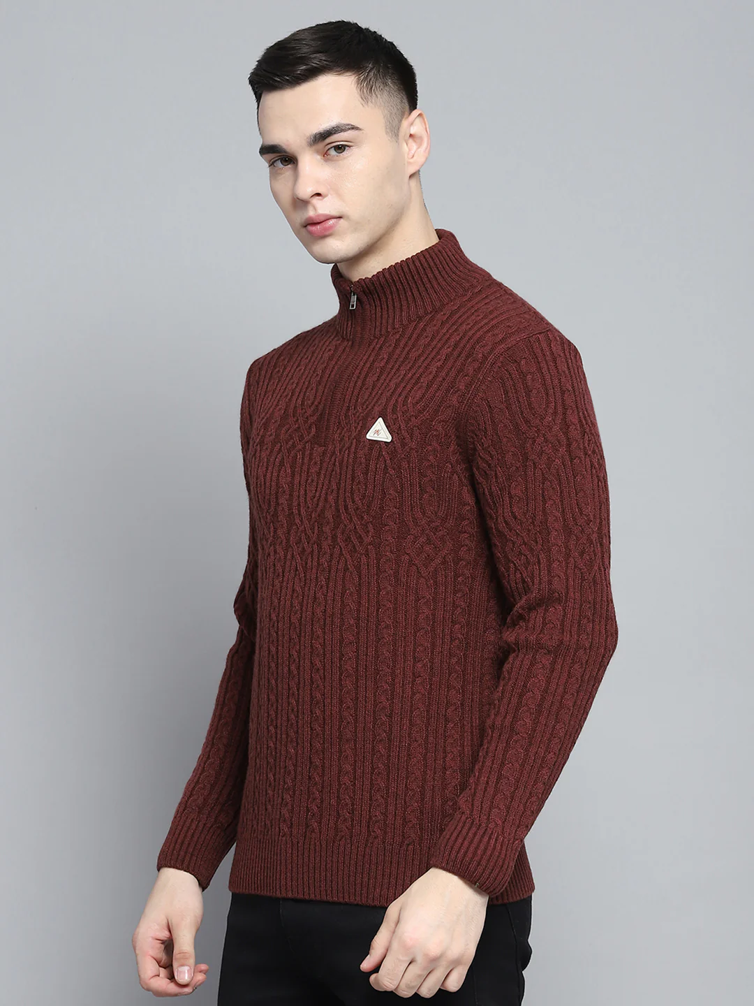 Men Brown Self Design Mock Neck Full Sleeve Pullover - Image 3