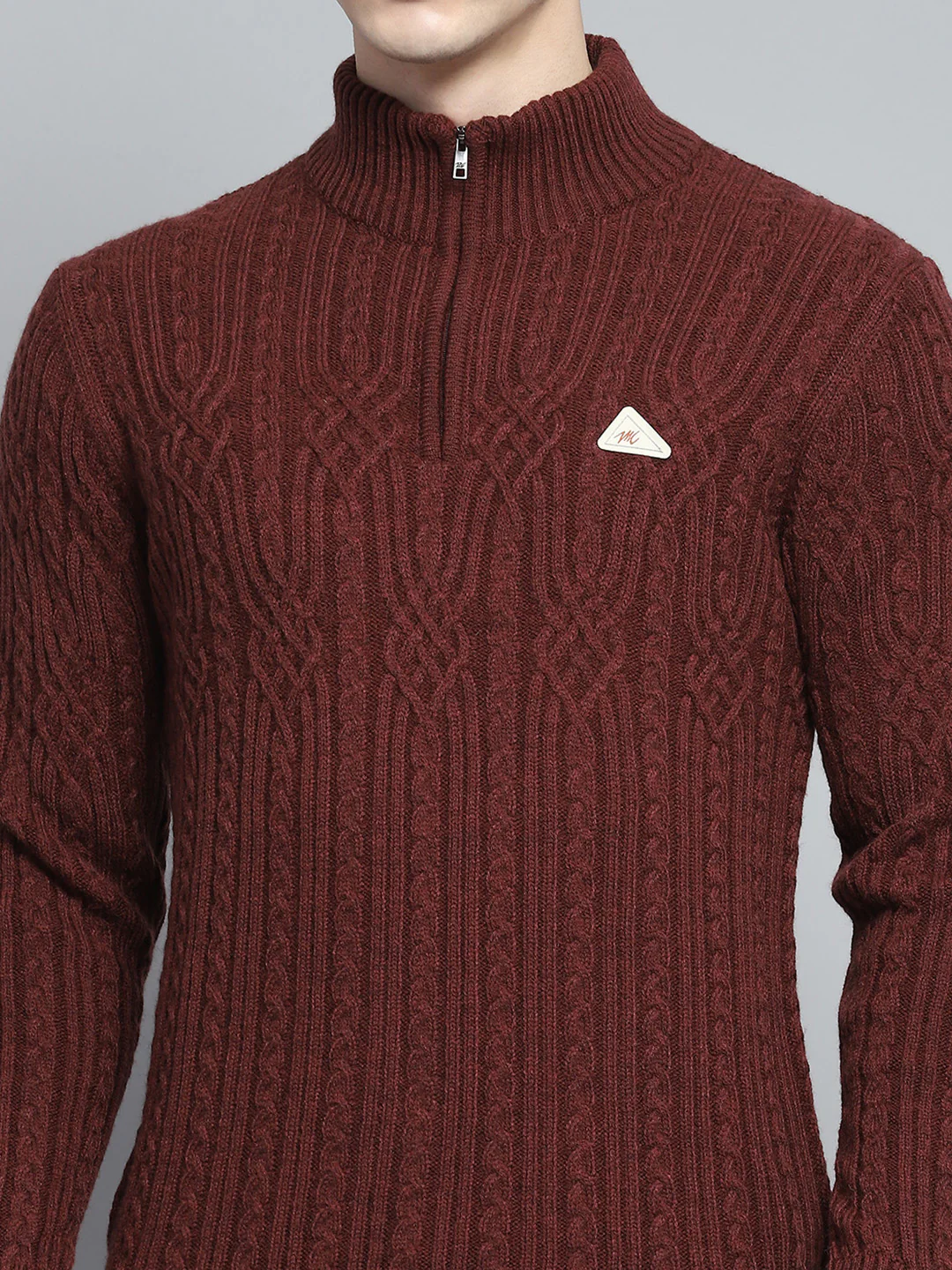 Men Brown Self Design Mock Neck Full Sleeve Pullover - Image 6