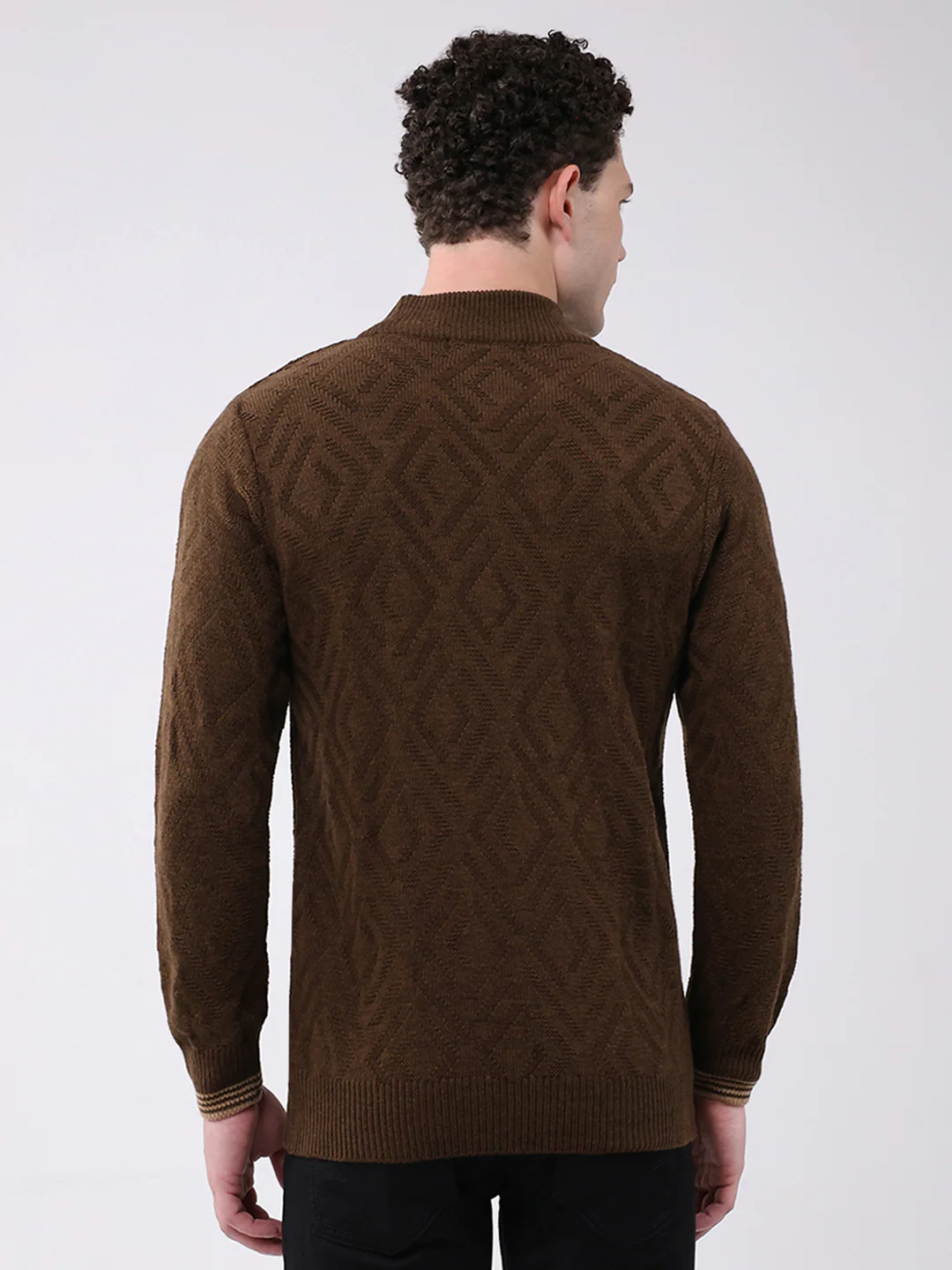 Men Brown Self Design Mock Neck Full Sleeve Pullover - Image 5