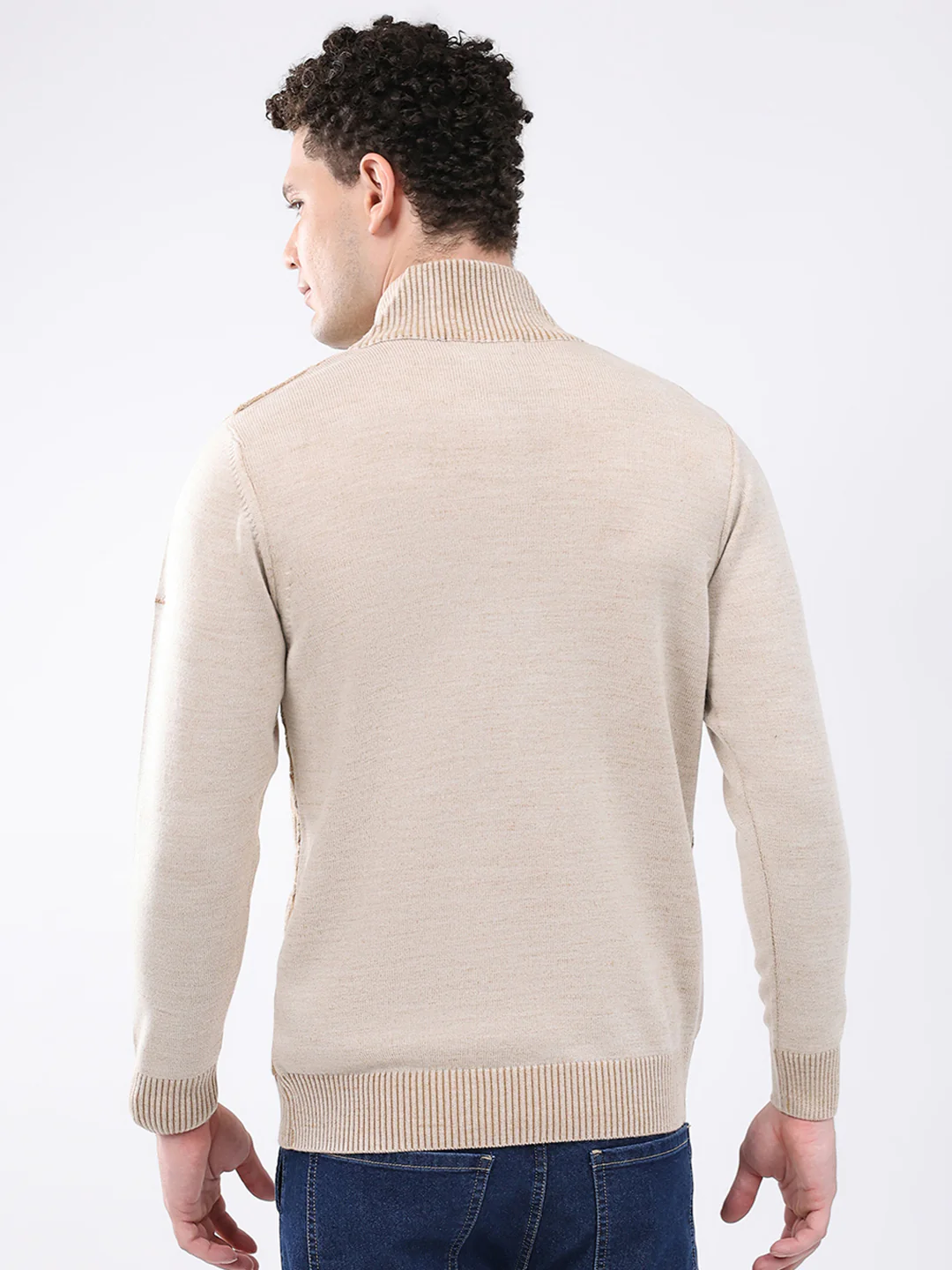 Men Brown Self Design Mock Neck Full Sleeve Pullover - Image 5