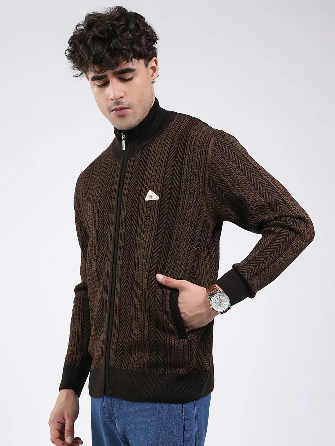 Men Brown Self Design Mock Neck Full Sleeve Pullover - Image 3