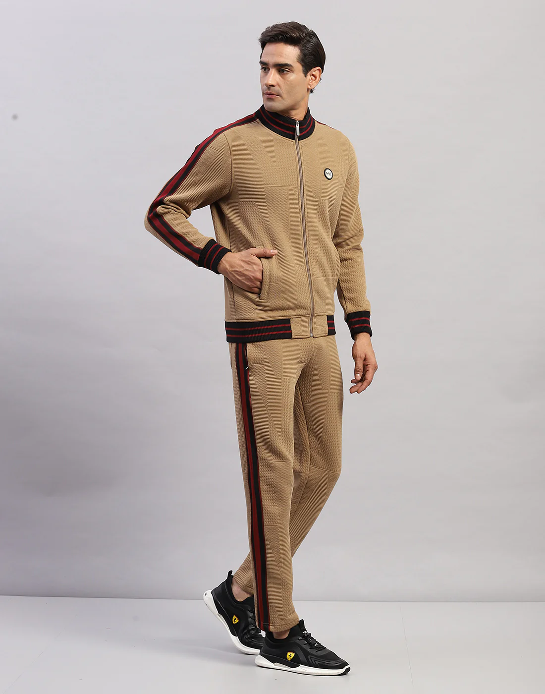 Men Brown Self Design Mock Neck Full Sleeve Winter Tracksuit - Image 4