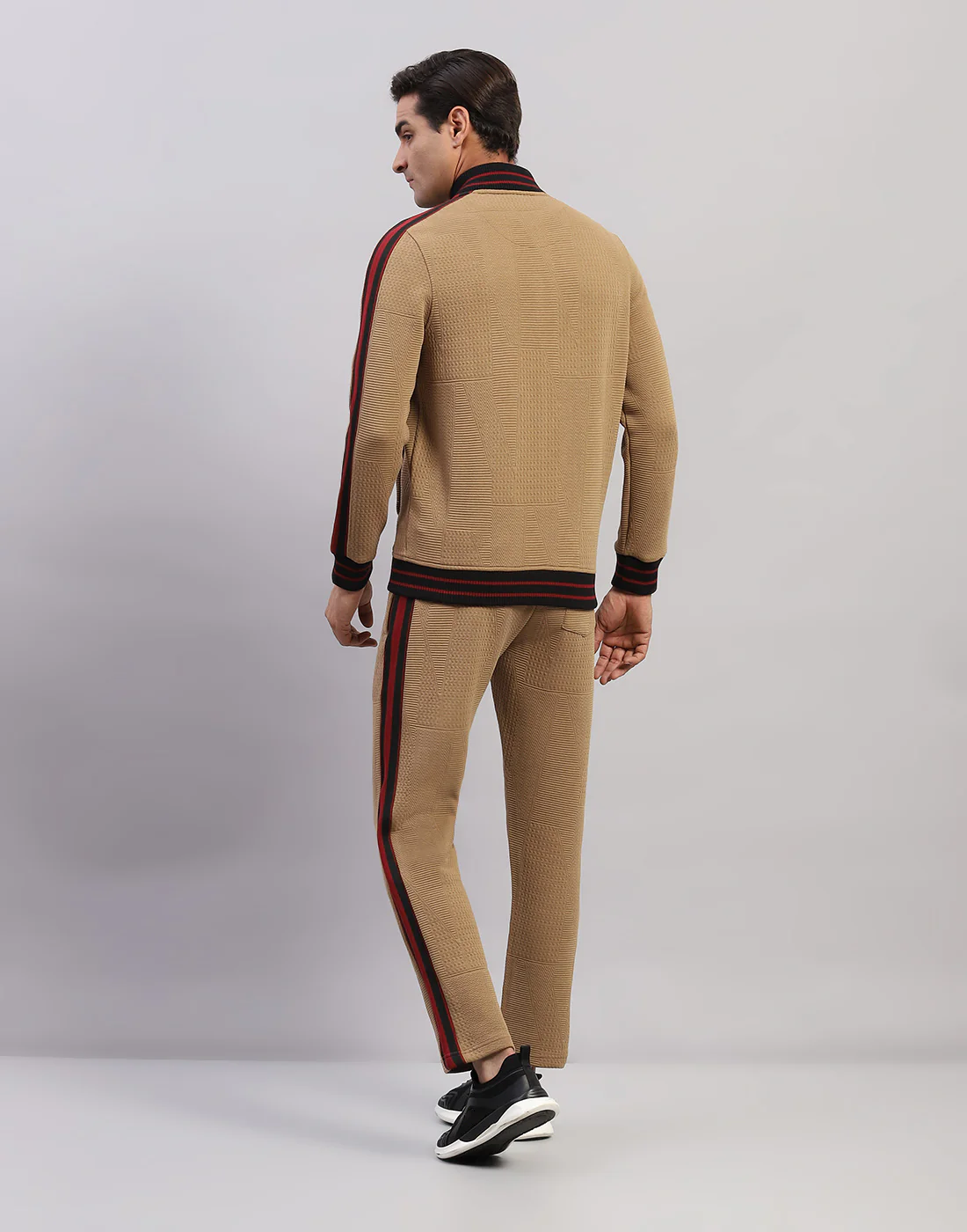 Men Brown Self Design Mock Neck Full Sleeve Winter Tracksuit - Image 5