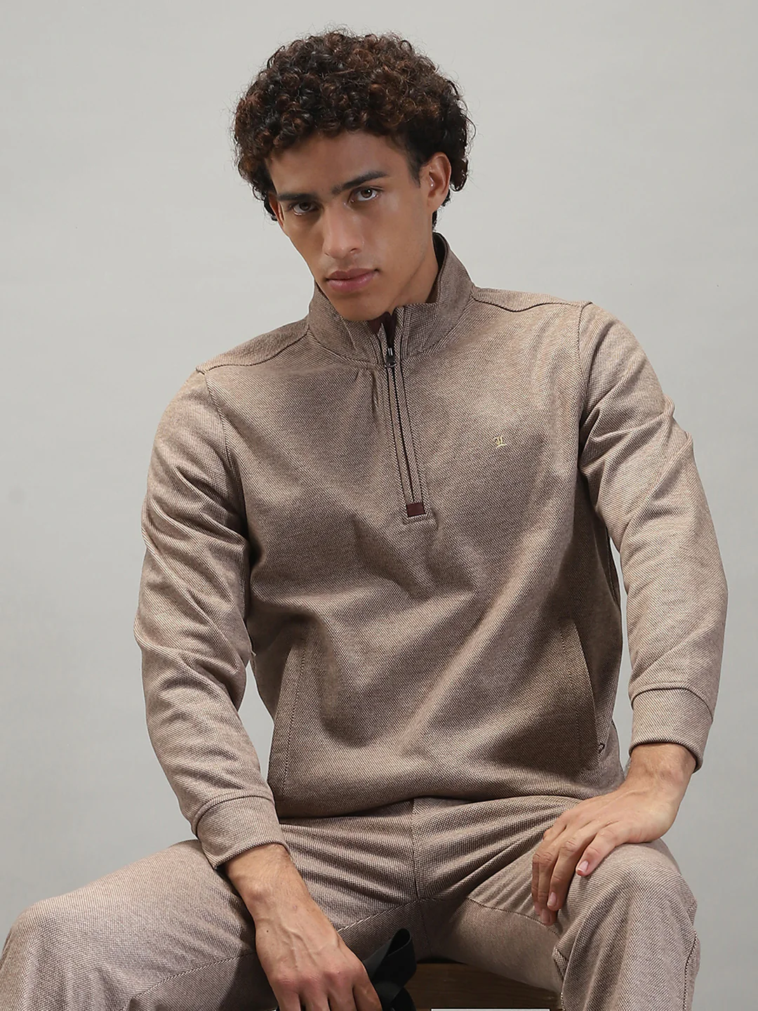 Men Brown Self Design Mock Neck Full Sleeve Winter Tracksuit - Image 6