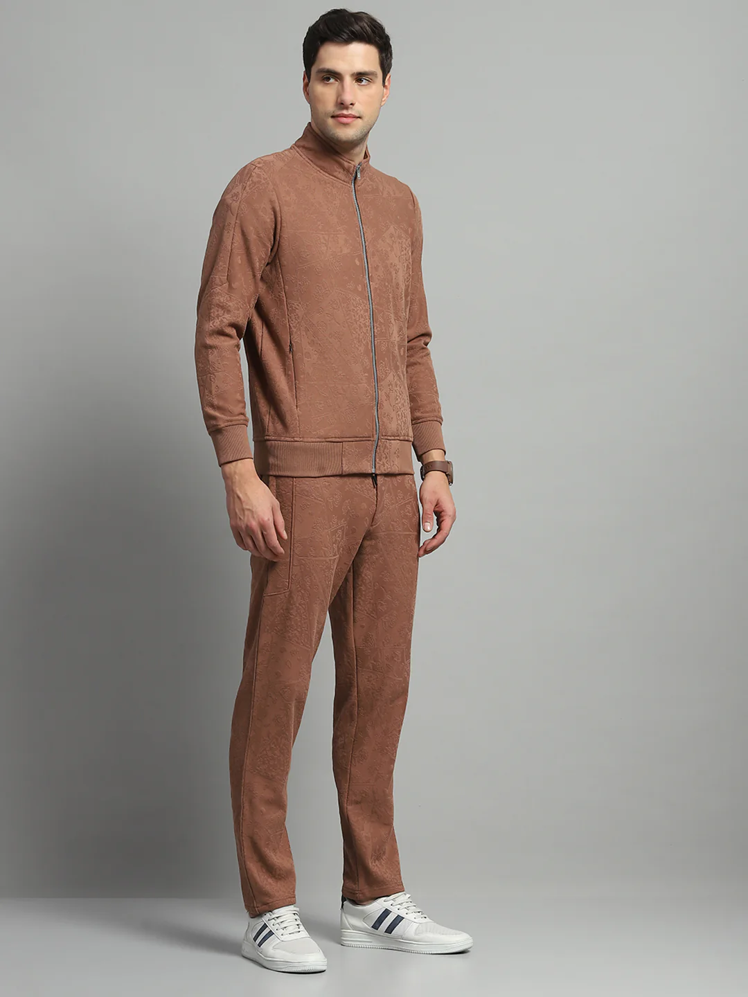 Luxuria Men Brown Self Design Mock Neck Full Sleeve Winter Tracksuit - Image 4