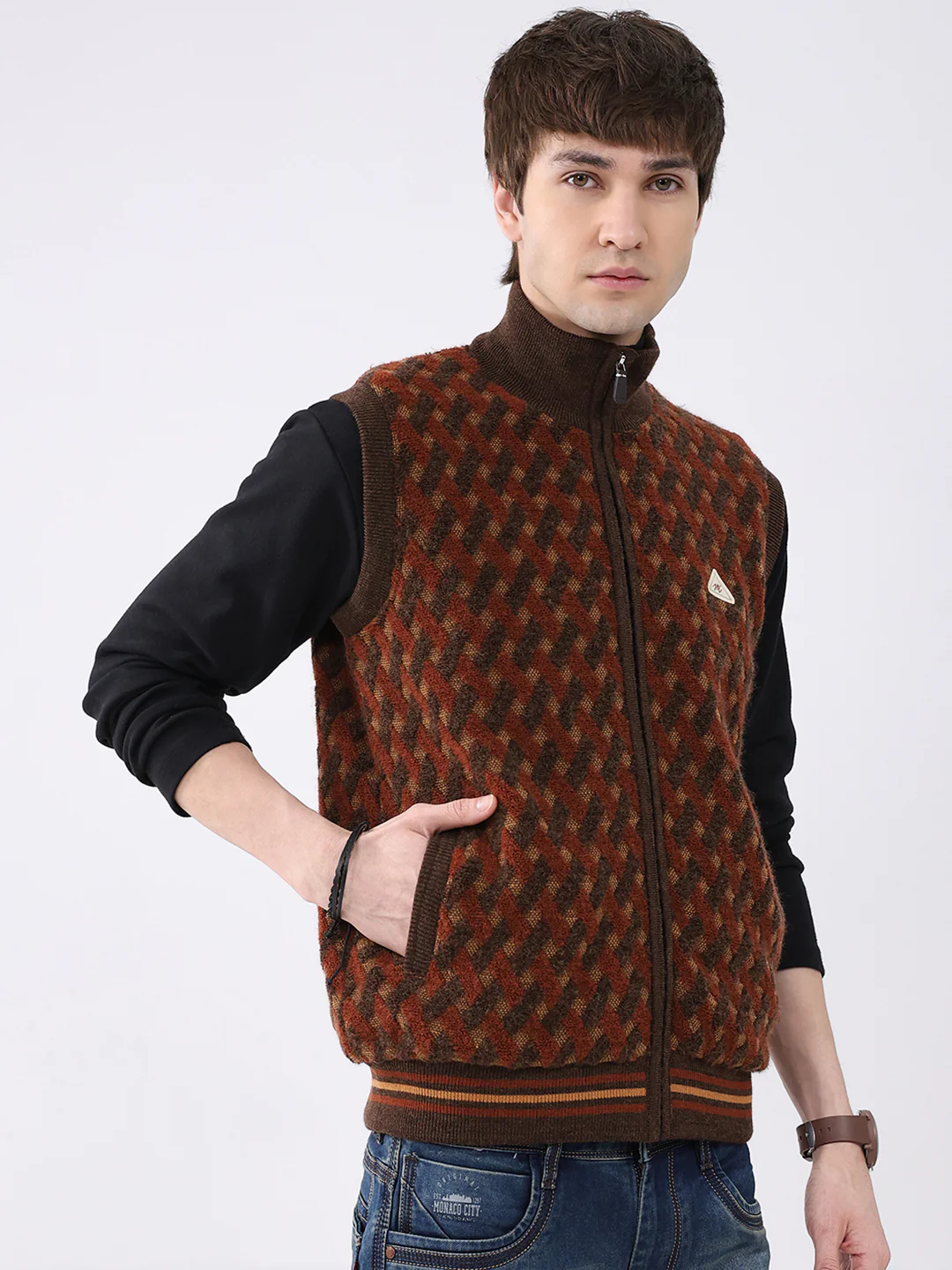 Men Brown Self Design Mock Neck Sleeveless Jacket - Image 4